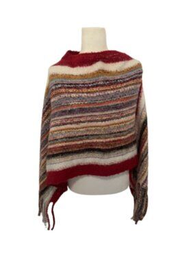 Handmade stripe chunky knit one size colorful rainbow fringe trim poncho sweater